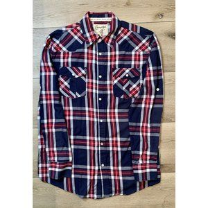 COASTAL Light-Weight Flannel Pearl Snap Red & Blue White Plaid LARGE Long Sleeve